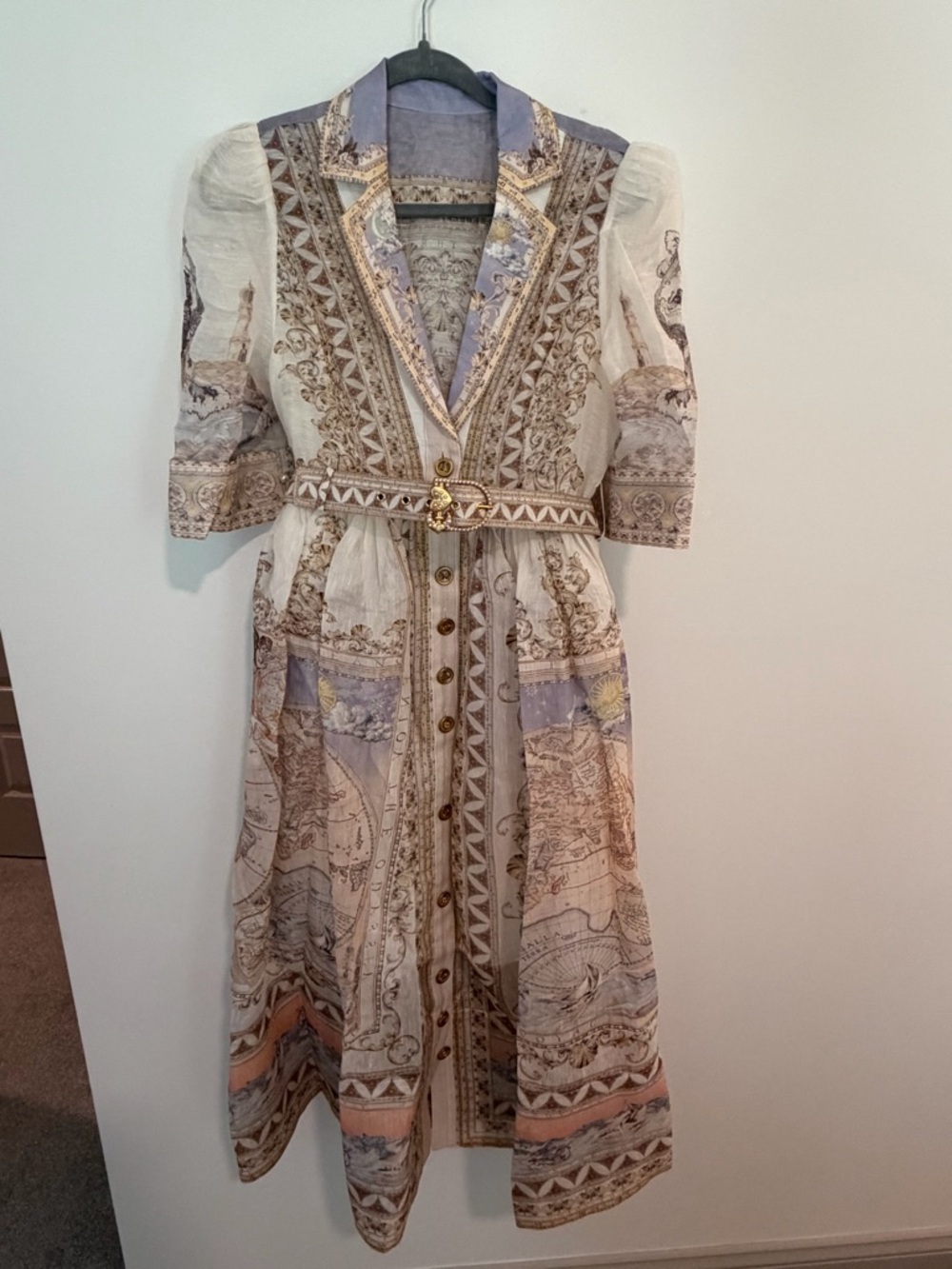 Elegant Printed Midi Dress in Cream and Pastel Blue